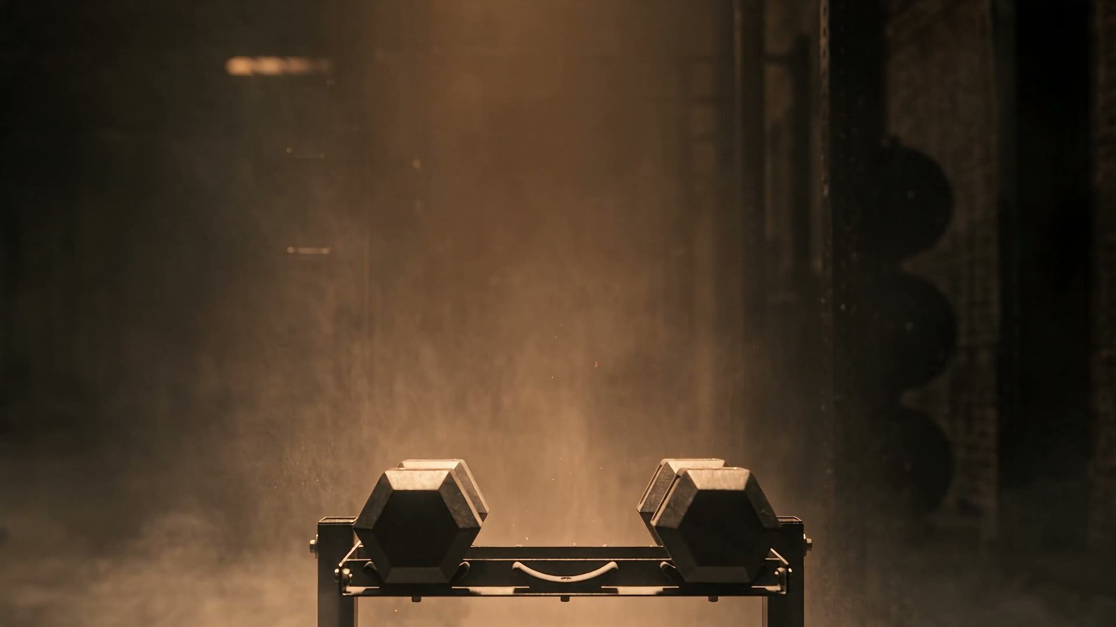 Two dumbbells resting on a rack in a beam of light